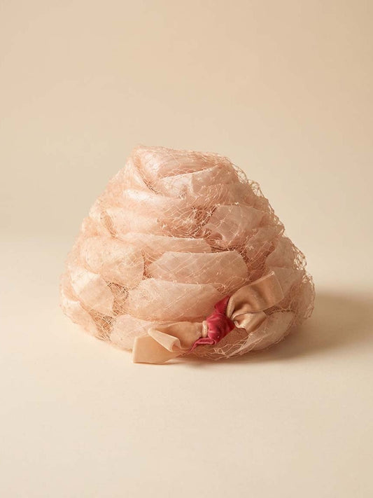 1950s–1960s Marche Exclusive Pink Satin Veiled Cocktail Hat – Draped Silk Netting – Vintage Bridal / Occasion Hat