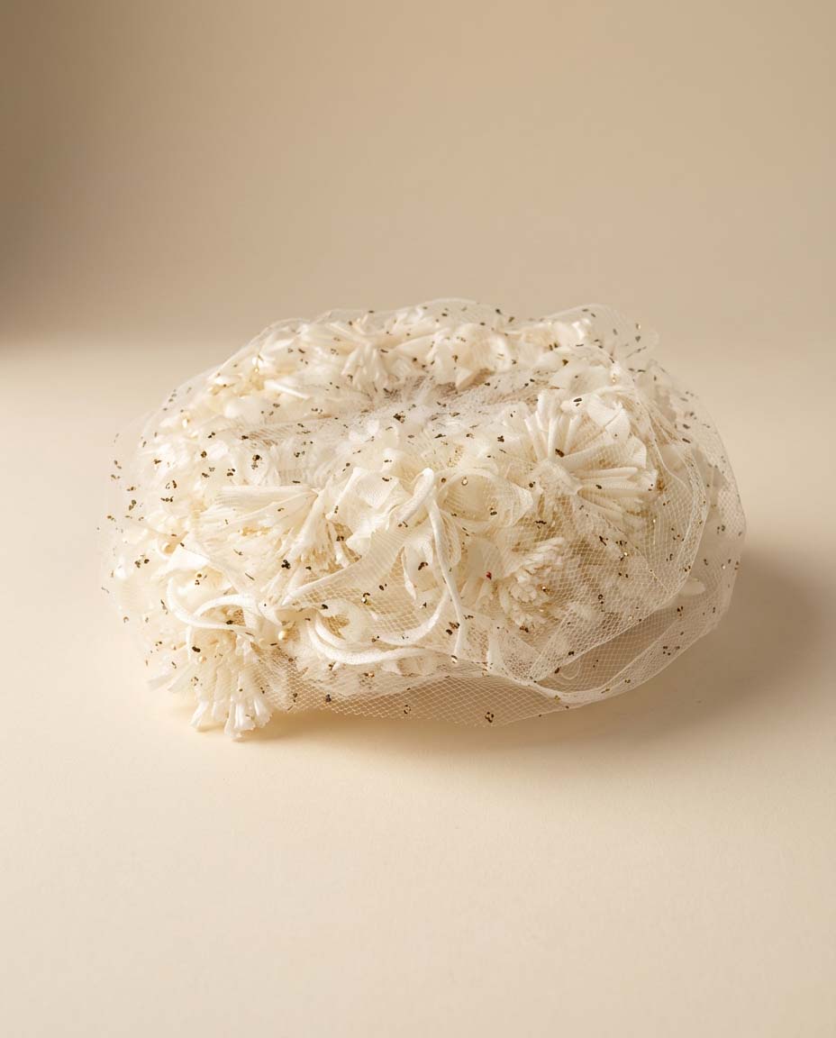 1950s Vintage Clove Lane Ivory Floral Veiled Hat – Confetti Netting & Textured Blossoms – Mid Century Bridal