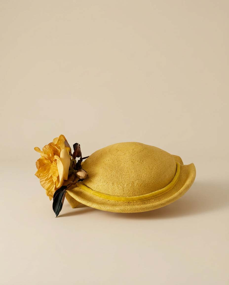 1950s–1960s Royce Exclusive Yellow Straw Hat – Floral Pillbox Tilt Hat – Mid Century Garden Party / Bridal Statement