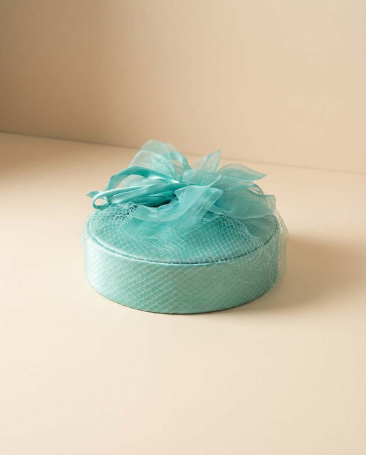 1960s Vintage Aqua Blue Pillbox Hat – Veiled Cocktail Hat with Organza Bow