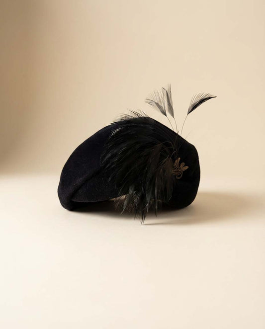 Vintage 1940s Black Velvet Tilt Hat with Feather Plume – Classic Cocktail Hat Elegant WWII Era Millinery Evening Headpiece