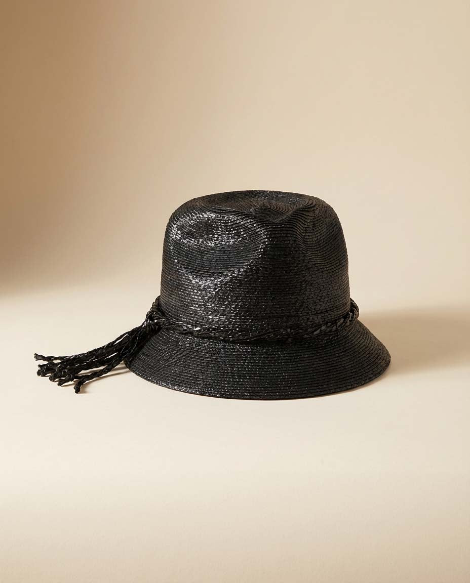 1960s Frederick & Nelson Black Straw Hat – Textured Bucket Cloche with Tassel Trim