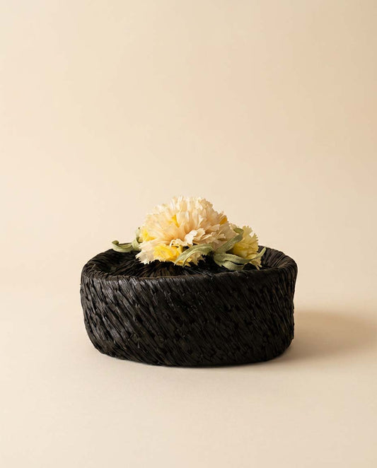 1950s Black Raffia Floral Vintage Hat – Woven Straw Cocktail Hat with Yellow Bloom