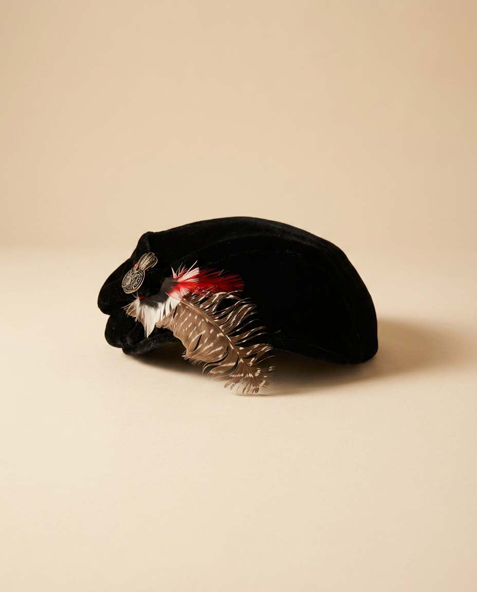 1940s–1950s Black Velvet Cocktail Hat – Feather & Rhinestone Floral Accent Mid Century Draped Tilt Hat