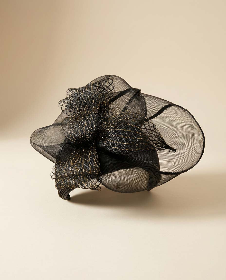 Vintage 1950s Black Straw Cocktail Hat – Sculptural Mesh Bow Fascinator with Gold Fleck Detail