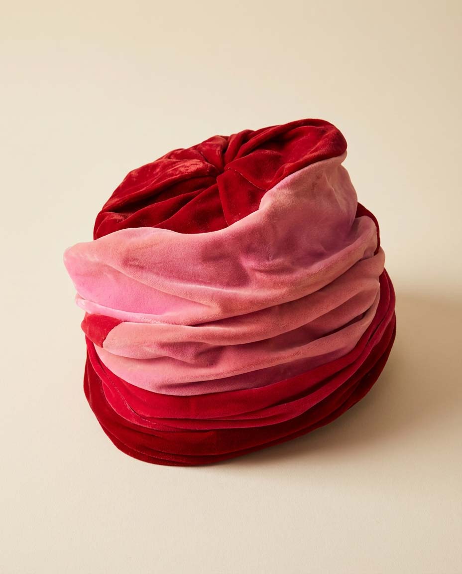 Vintage 1950s Pink Ombre Velvet Turban Hat – Red to Blush Velvet Draped Cloche Hat Evening Cocktail Hat