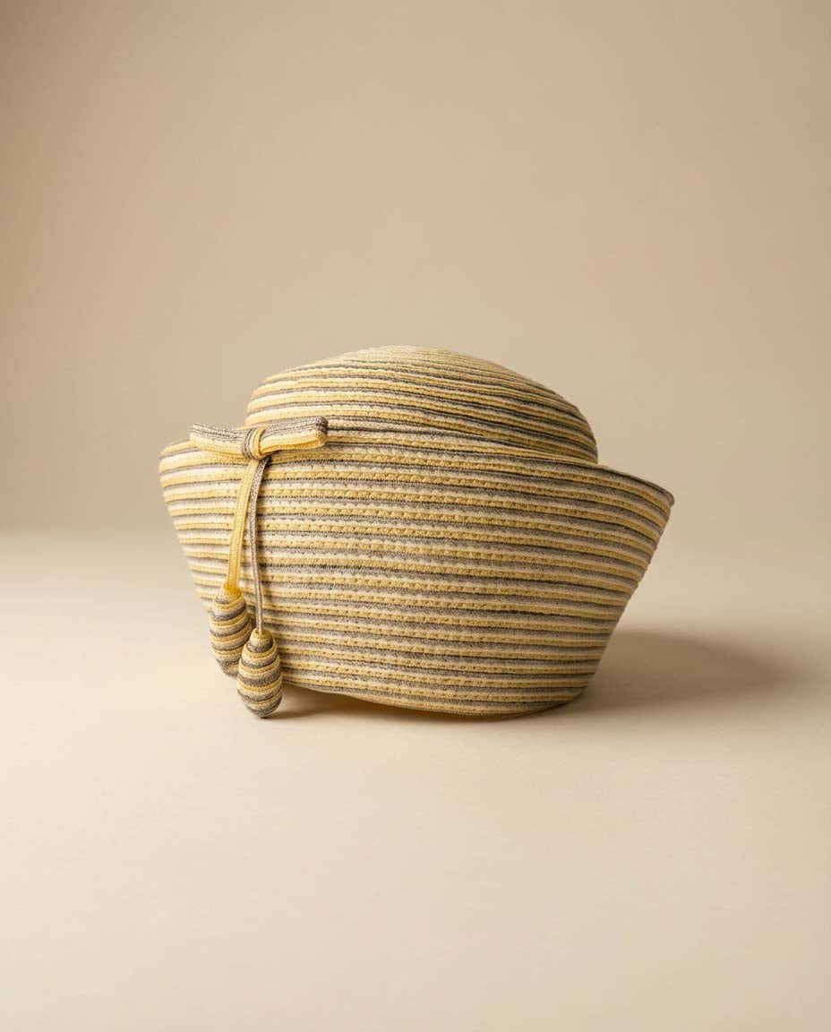 Vintage 1950s Jack McConnell Fair Hat – Yellow Gray Striped Straw Tilt Hat Mid Century Couture Millinery