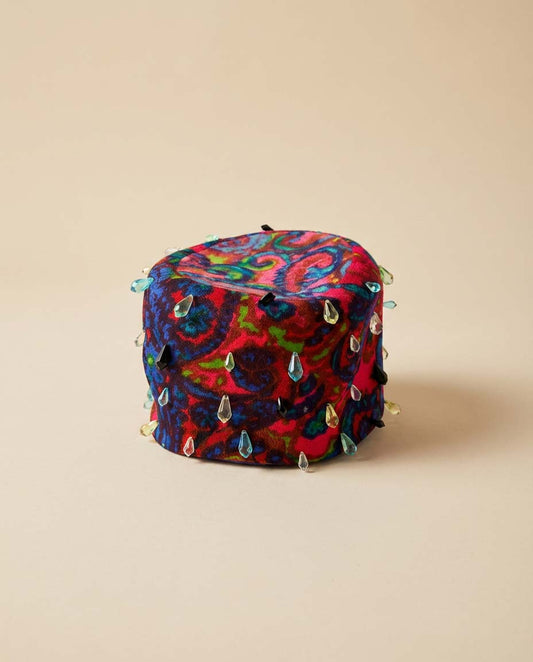 Vintage 1960s Sharon Originals Psychedelic Velvet Pillbox Hat – Multicolor Jewel Embellished Mod Cocktail Hat