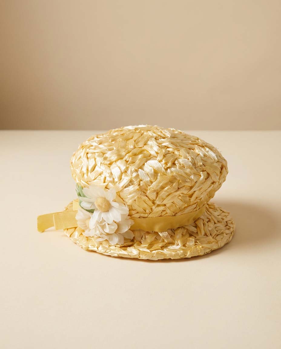 Vintage 1950s Raffia Straw Hat – Royce Exclusive Yellow Ribbon Daisy Trim Summer Boater Garden Party Hat