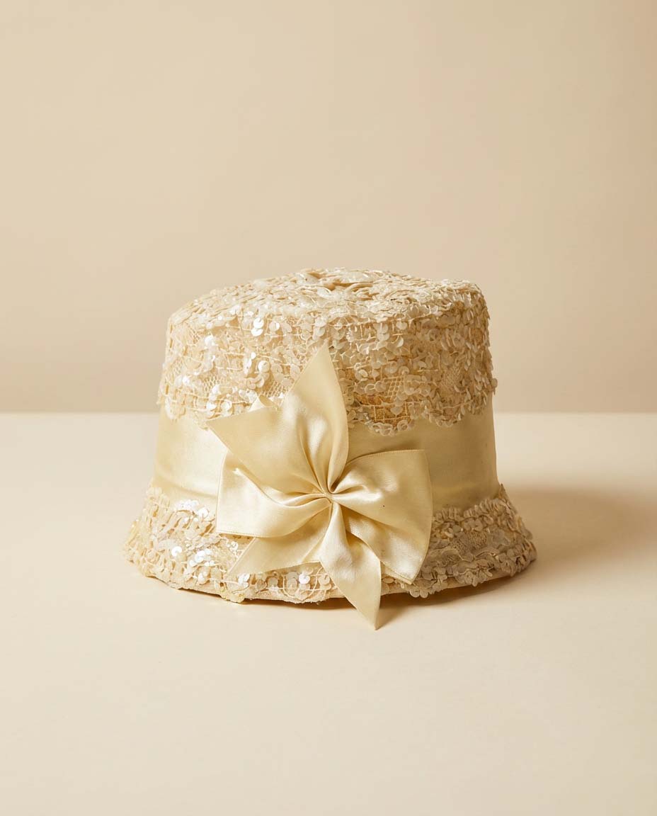 Vintage 1960s Ivory Sequin Lace Bucket Hat – Satin Bow Cocktail Hat