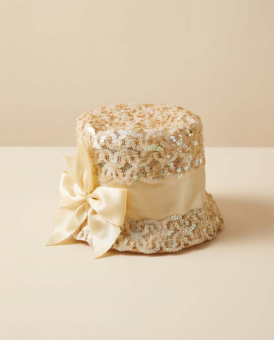 Vintage 1960s Ivory Sequin Lace Bucket Hat – Satin Bow Cocktail Hat