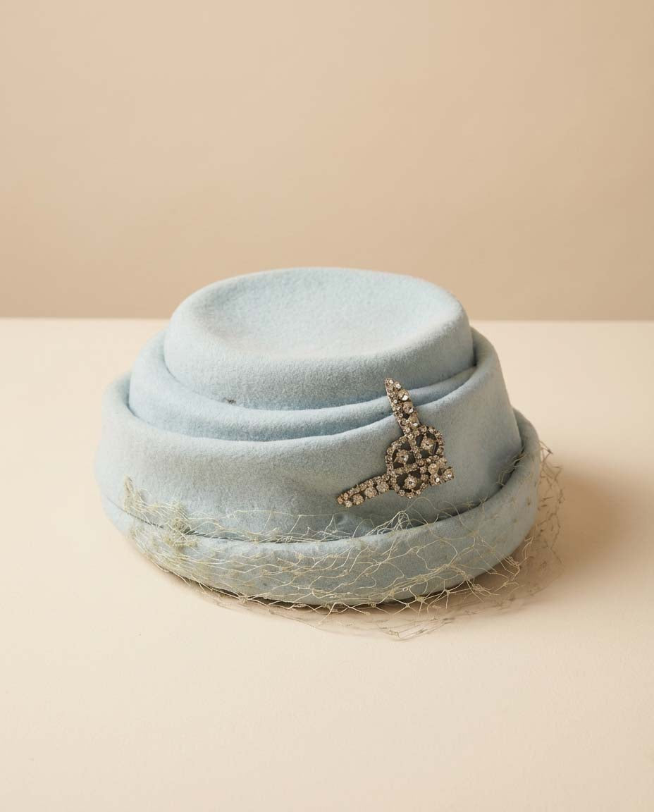 Vintage 1950s Powder Blue Felt Cocktail Hat – Rhinestone Accent Veil Hat by Elizabeth Ford