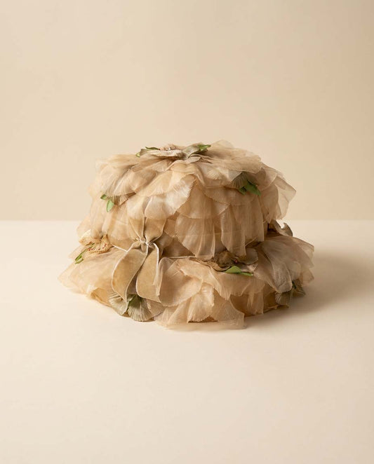 1960s Ivory Silk Petal Hat – Floral Chiffon Cloche Hat – Vintage Garden Party / Bridal Statement Hat