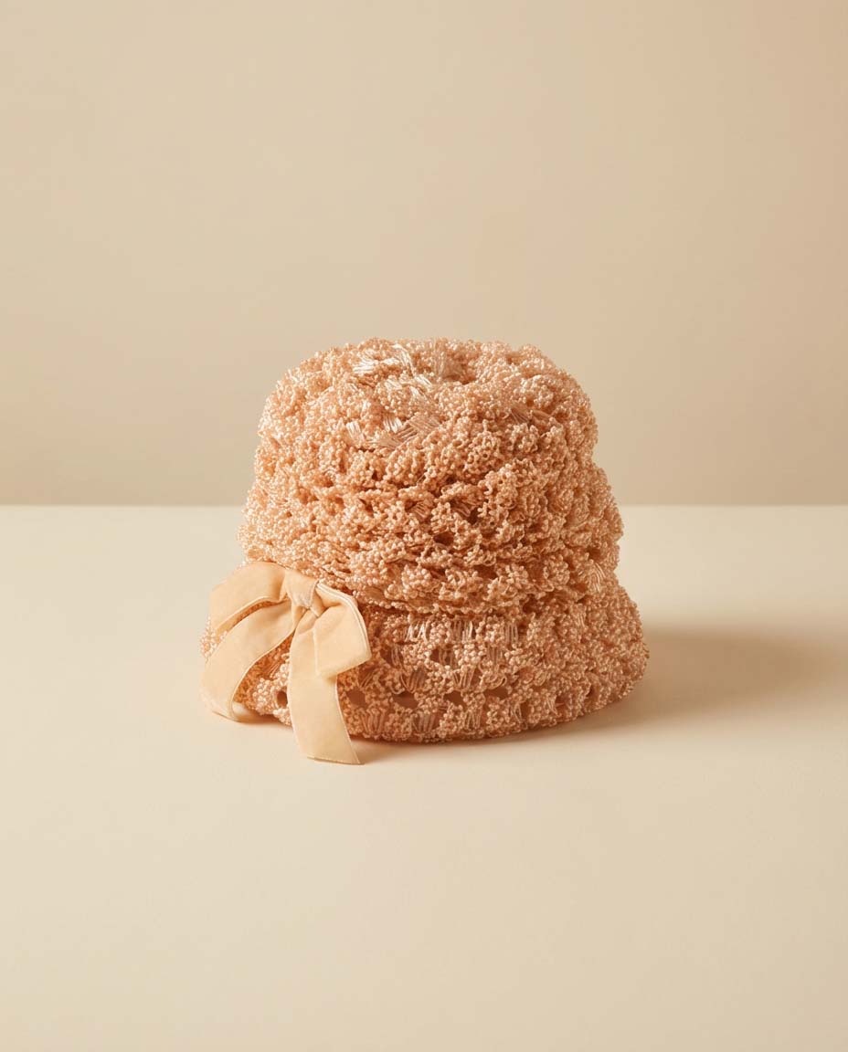 1960s Oleg Cassini Peach Beaded Hat – Textured Bouclé Cloche Bucket Hat – Couture Cocktail / Occasion Hat