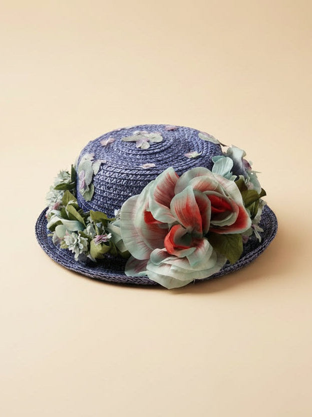 1950s Frost Bros. Chanda Blue Floral Straw Hat – Garden Party Statement Millinery