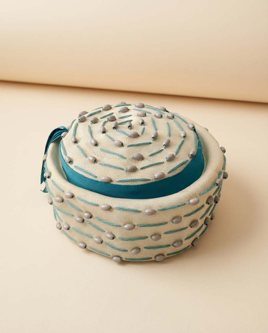 1960s Marche Exclusive Ivory & Aqua Beaded Pillbox Hat – Sculptural Mid Century Cocktail Hat
