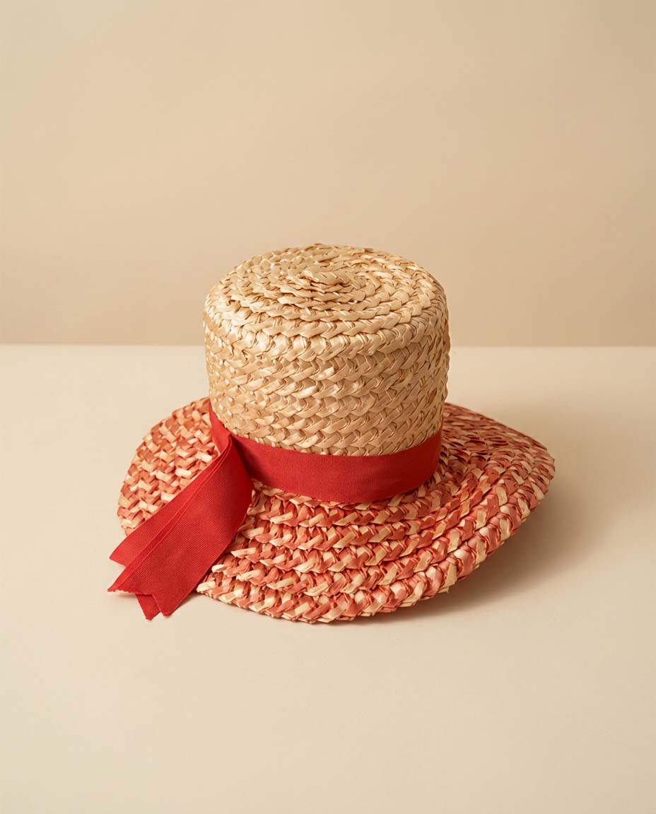 1950s Raffia Straw Colorblock Hat – Coral Pink & Natural Straw Boater Style Summer Hat