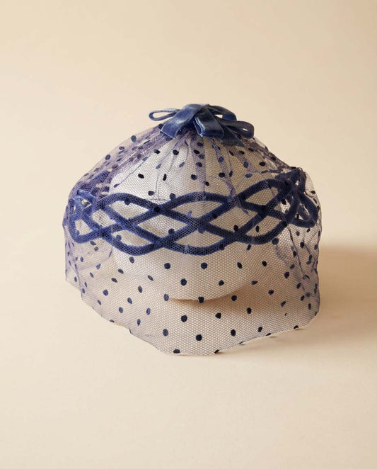 1950s Blue Velvet cake and & Polka Dot Veil Halo Hat – Elegant Mid-Century Cocktail Fascinator