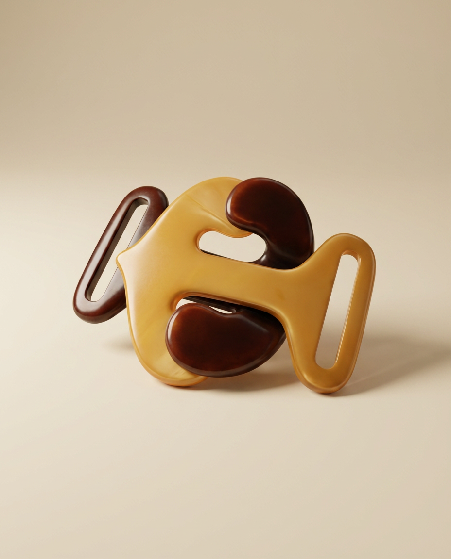 1940s–1950s Vintage Bakelite Belt Buckle – Two Tone Butterscotch & Chocolate Brown Sculptural Mid Century Modern Clasp