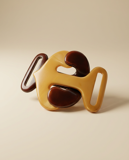 1940s–1950s Vintage Bakelite Belt Buckle – Two Tone Butterscotch & Chocolate Brown Sculptural Mid Century Modern Clasp
