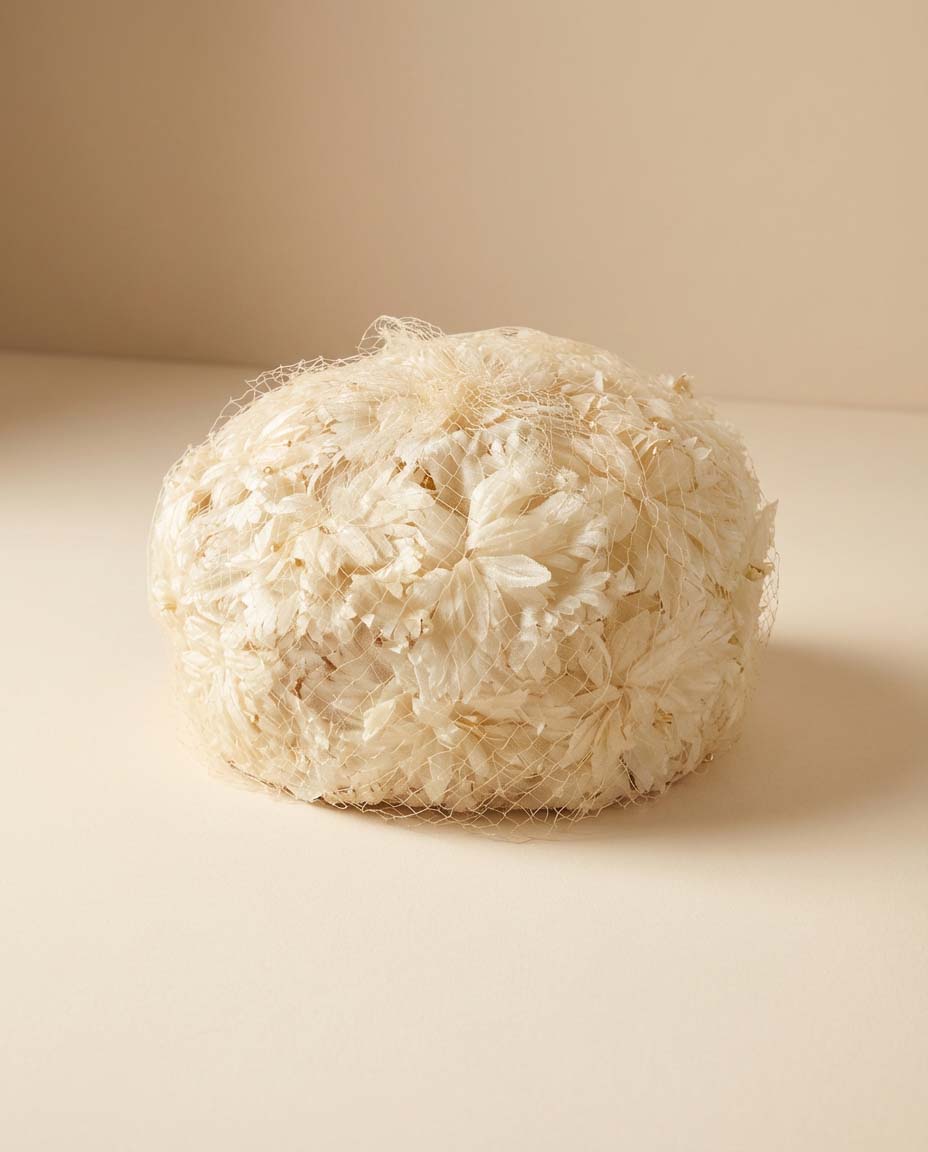 1950s Ivory Floral Pillbox Hat with Netting Vintage Bridal Hat Mid Century Wedding Headpiece Cocktail Hat