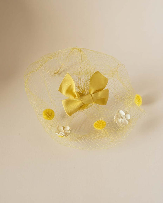 1950s Yellow Veil Hat Bow Fascinator Floral Netting Headpiece Vintage Pillbox Cover Bridal Spring Garden Party Hat