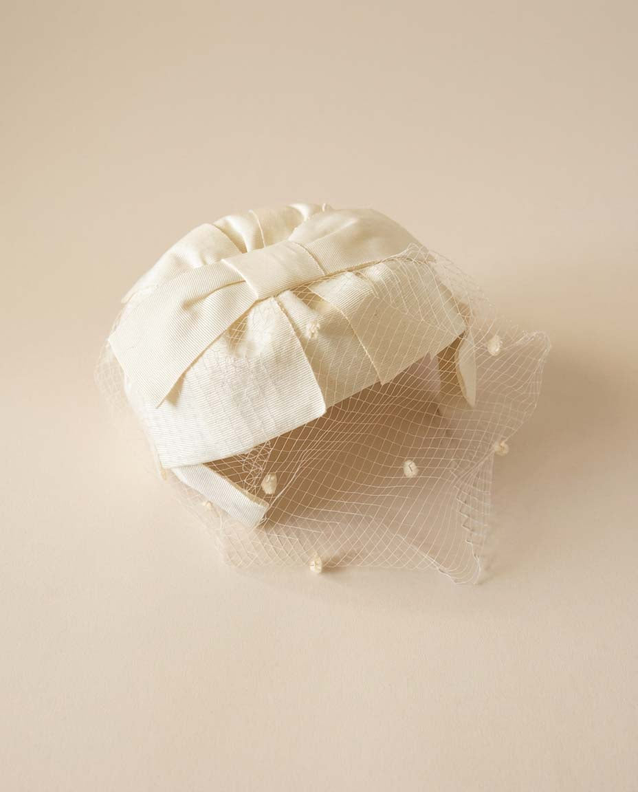 1950s Ivory Bow Pillbox Hat Net Veil Bridal Hat Union Made Vintage Wedding Headpiece Mid Century Fascinator
