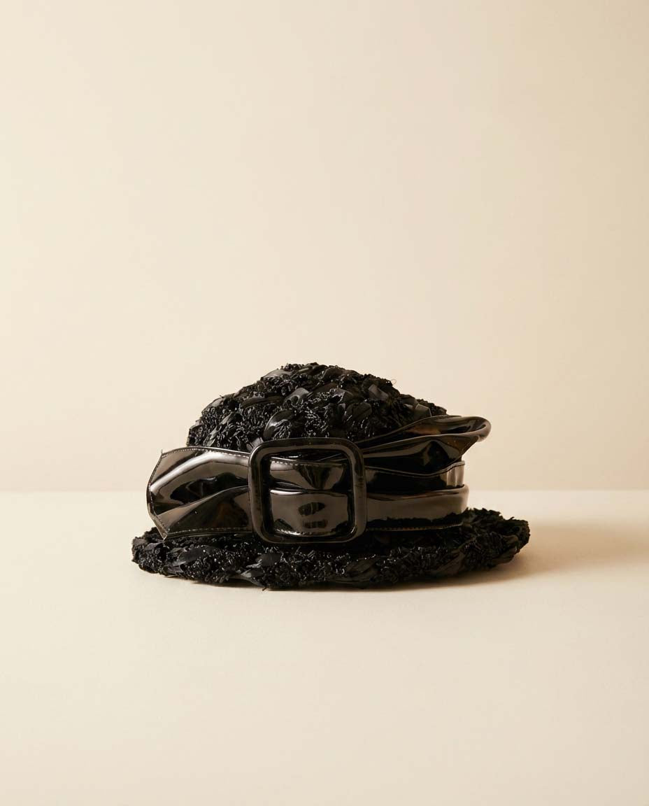 1950s Ruth Kuensting Waterloo Black Raffia Straw Hat Patent Bow Belt Detail Mid Century Cocktail Hat Vintage Designer Evening Hat