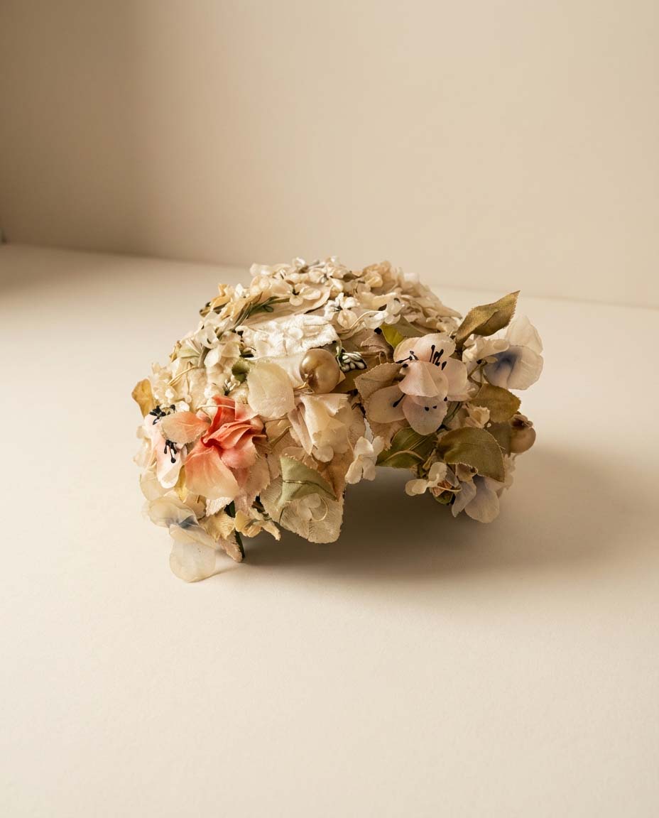 1950s Floral Cocktail Hat Silk Flower Cap Pastel Garden Party Hat Mid Century Statement Floral Millinery Vintage Bridal Headpiece