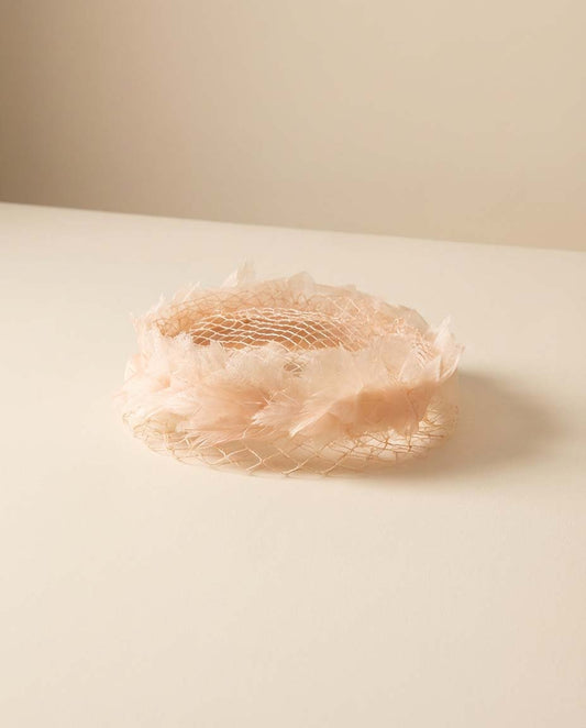 1950s Blush Pink Feather Veil Cocktail Hat Vintage Halo Fascinator Soft Netting Mid Century Bridal Headpiece