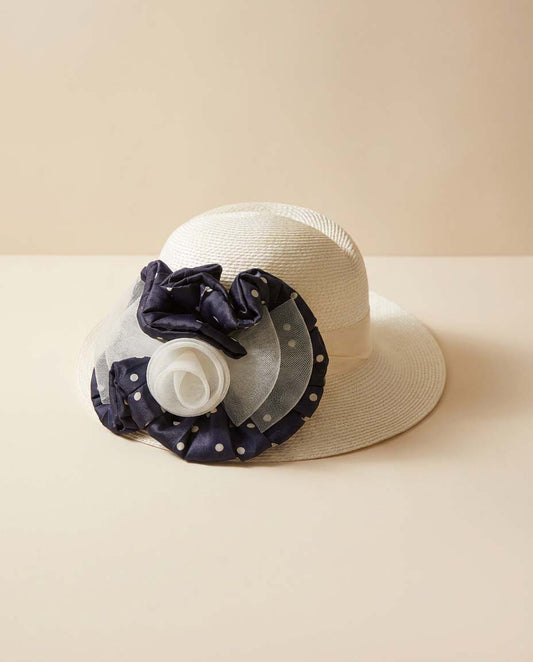 Vintage 1980s 1990s White Straw Wide Brim Hat Navy Polka Dot Bow Summer Church Derby Garden Party Hat Elegant Statement Hat