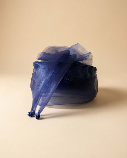 Vintage 1990s Cobalt Blue Hat Sinamay Pillbox Sculptural Bow Veil Beaded Detail Kentucky Derby Cocktail Hat Statement Millinery