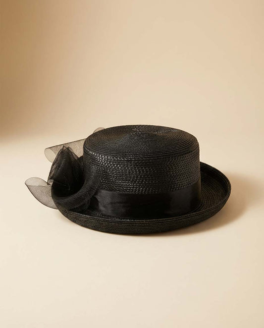 Vintage 1990s Black Straw Boater Hat Wide Brim Sinamay Ribbon Bow Cocktail Hat Derby Formal Occasion Millinery