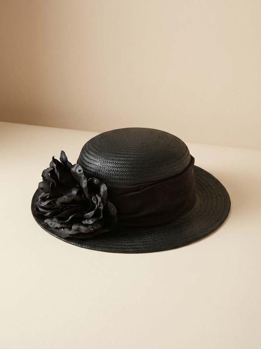 Vintage Black Straw Wide Brim Hat Cappelli Straworld Floral Cocktail Hat 1980s–1990s Elegant Occasion Hat