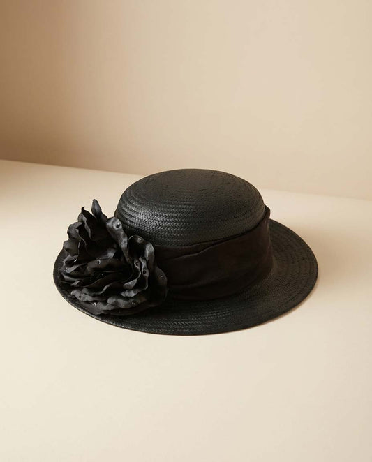 Vintage Black Straw Wide Brim Hat Cappelli Straworld Floral Cocktail Hat 1980s–1990s Elegant Occasion Hat
