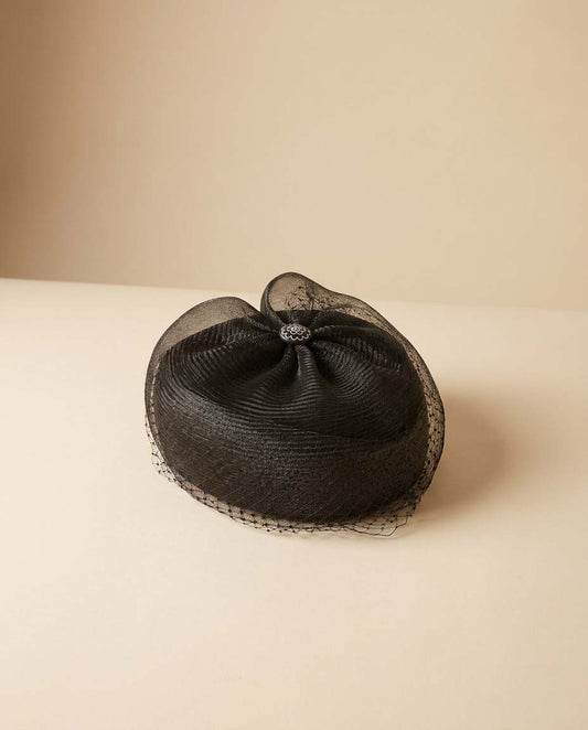 Vintage 1990s Black Veiled Pillbox Hat Netting Cocktail Hat Minimalist Formal Occasion Hat Structured Millinery