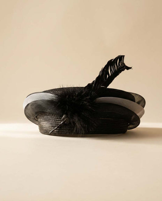 Vintage Black Straw Hat August Black Feather Cocktail Hat Wide Brim 1990s Designer Occasion Hat