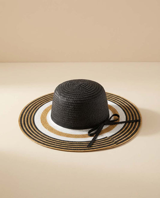 Vintage Black White Straw Wide Brim Hat Panama Jack Striped Sun Hat 1990s Resort Hat