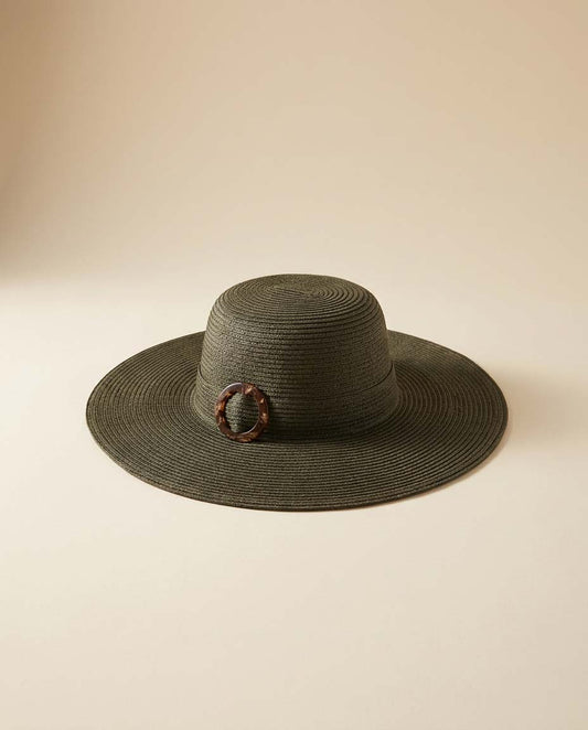 Vintage Olive Green Wide Brim Straw Hat Tortoiseshell Buckle Sun Hat 1990s Minimalist Resort Hat