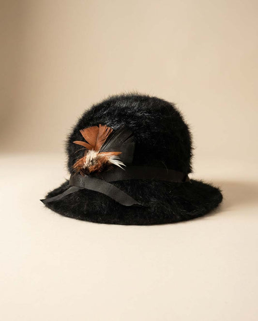 Vintage 1960s Black Faux Fur Cloche Hat with Feather Trim / Mod Winter Cocktail Hat