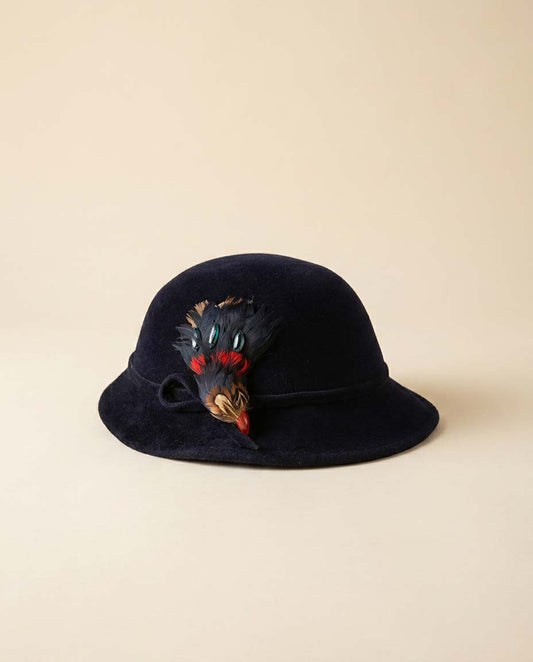 Vintage 1950s French Velvet Cloche Hat / Argence for G Fox & Co / Black Navy Velour Hat with Feather Jewel Trim
