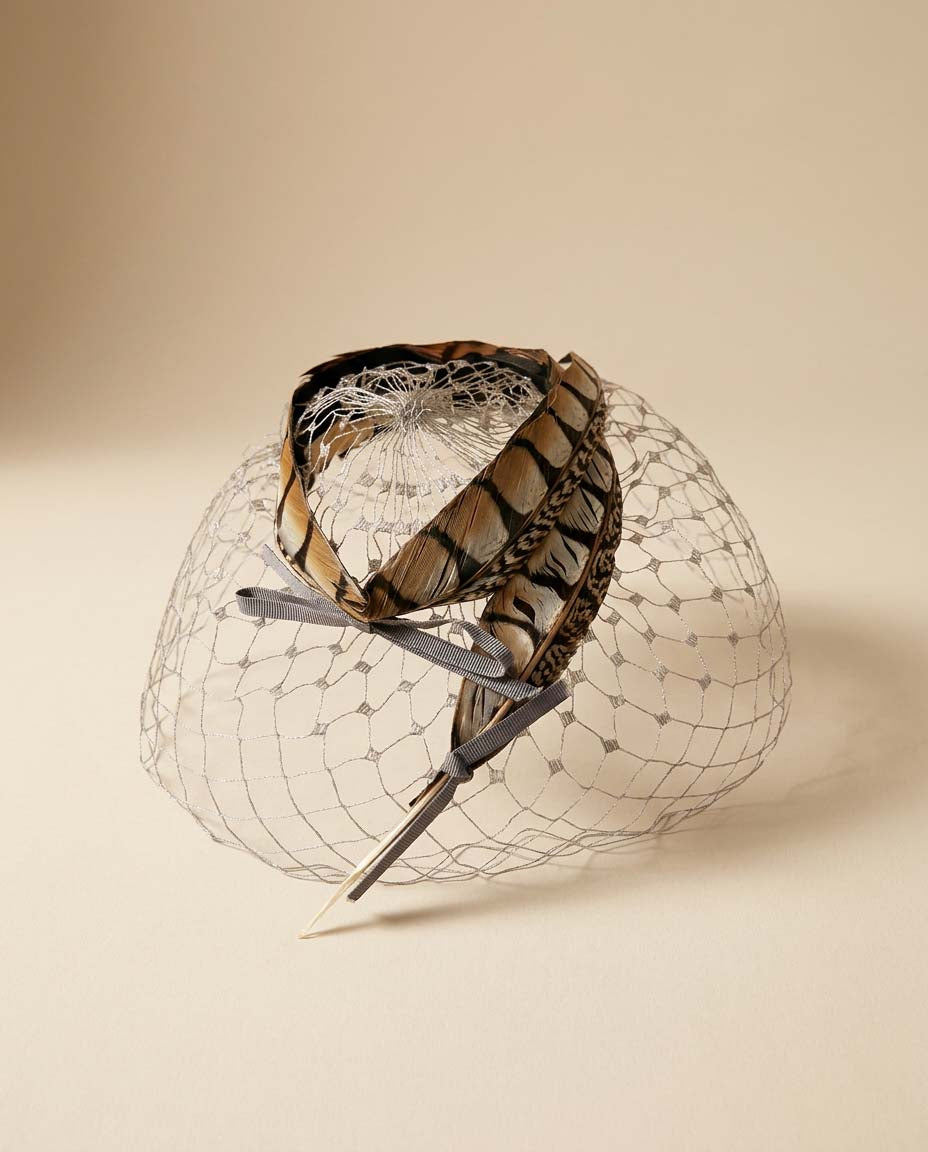 1950s Feather Fascinator Birdcage Veil Hat Black Brown Feather Cocktail Headpiece Mid Century Glam