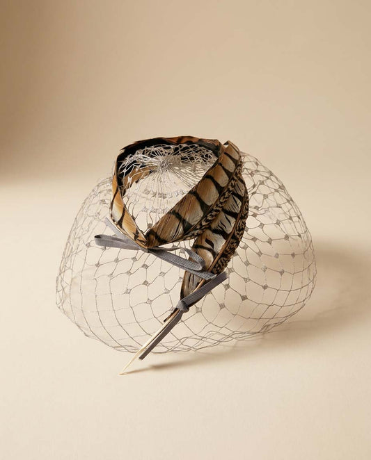 1950s Feather Fascinator Birdcage Veil Hat Black Brown Feather Cocktail Headpiece Mid Century Glam