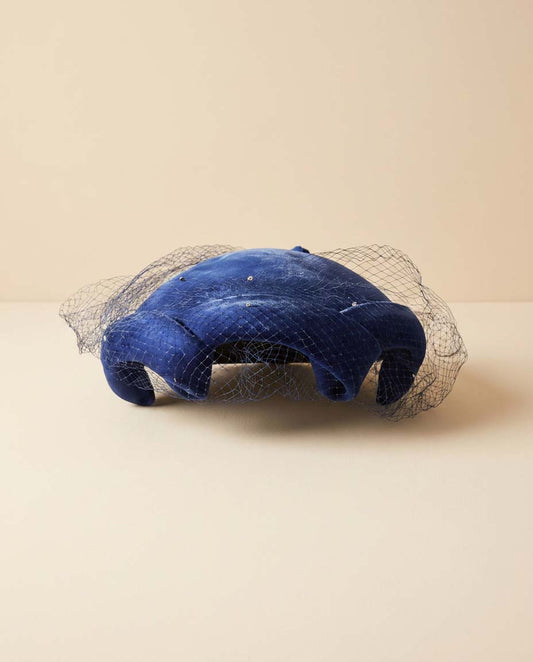 Vintage Amy New York Blue Velvet Halo Hat / Sculptural Veil Headpiece / 1950s Cocktail Hat