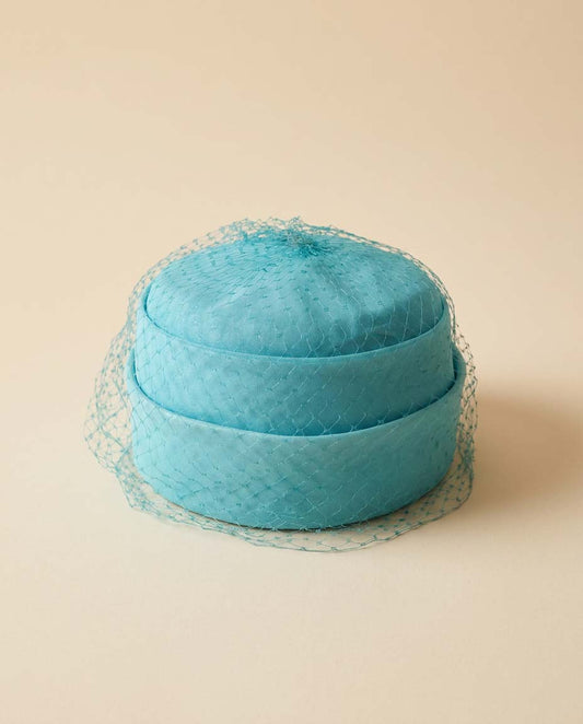 1950s Aqua Blue Veiled Pillbox Hat Mid Century Cocktail Hat Structured Crown Vintage Bridal Something Blue Headpiece