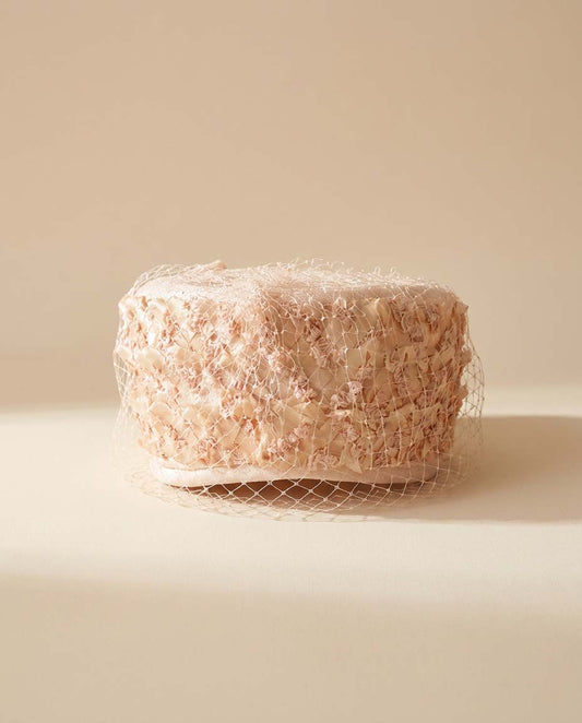 1950s Blush Pink Veiled Cocktail Hat Ribbon Trim Mid Century Half Hat Vintage Bridal Pillbox Soft Netting Headpiece