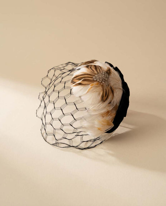 Vintage 1940s Feather Fascinator Hat with Veil / Cream and Brown Feather Cocktail Hat / Birdcage Veil Bridal Headpiece