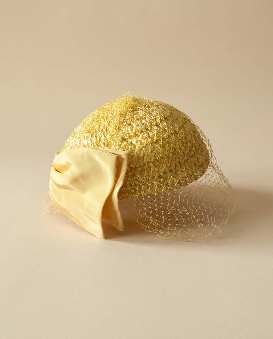 1950s Lemon Yellow Veiled Cocktail Hat Textured Ribbon Straw Mid Century Half Hat Vintage Bridal Spring Hat