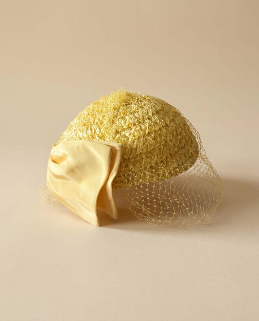 1950s Lemon Yellow Veiled Cocktail Hat Textured Ribbon Straw Mid Century Half Hat Vintage Bridal Spring Hat