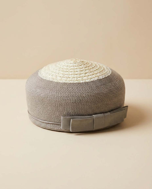 Vintage 1950s Ivory & Taupe Straw Pillbox Hat / Two-Tone Woven Summer Hat with Grosgrain Bow